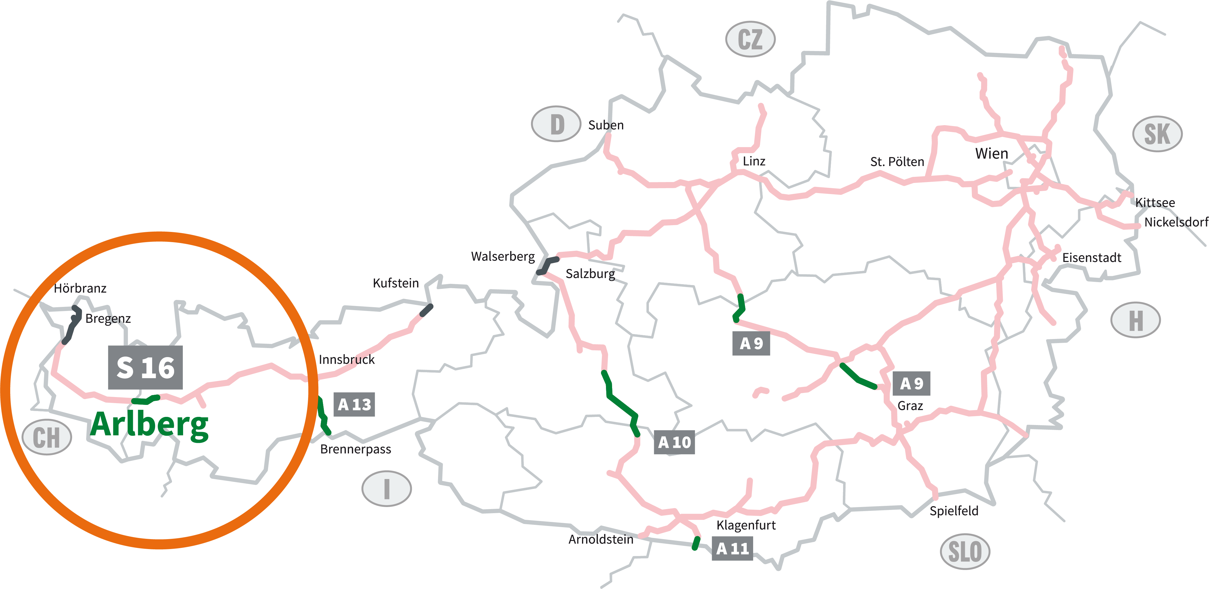 Grafik der mautpflichtigen Autobahnen und Schnellstraßen in Österreich. Vignettenpflichtige Strecken sind blassrot markiert. Grün hervorgehoben sind die sechs Streckenmaut-Abschnitte: S 16 Arlberg, A 13 Brenner, A 10 Tauern, A 11 Karawanken,  A 9 Bosruck und Gleinalm. Hier benötigen Sie ein Streckenmaut-Ticket. Der Bereich um den streckenmautpflichtigen Abschnitt auf der S 16 Arlberg Schnellstraße ist eingekreist. 